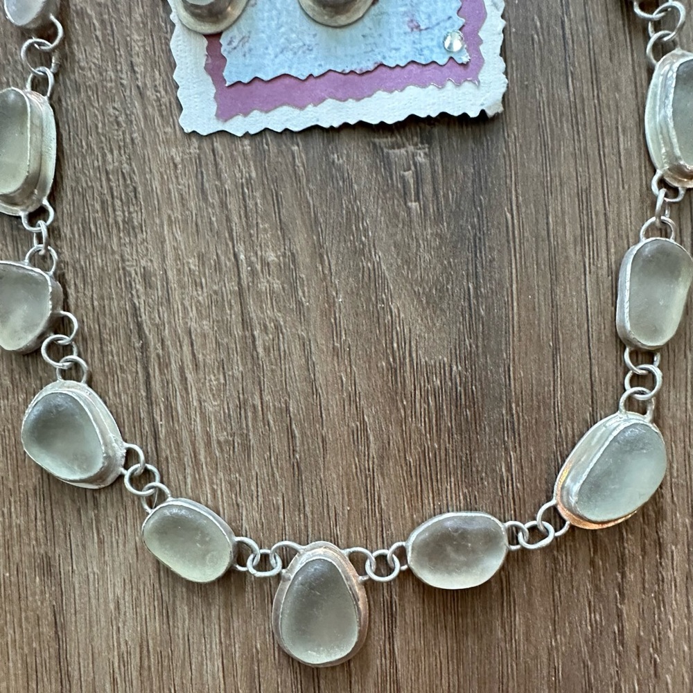Elegant Sterling Silver Necklace with clear/white Beach Glass and Earring Set - Picture 5 of 7